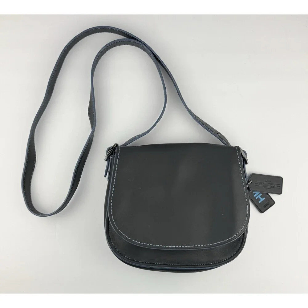 Coach 9170 Saddle Bag 23 Gray Glovetanned Leather Crossbody blue Contrast Stitch